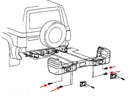 Schema di montaggio del paraurti posteriore Mitsubishi Pajero/ Montero II (1991–2004).