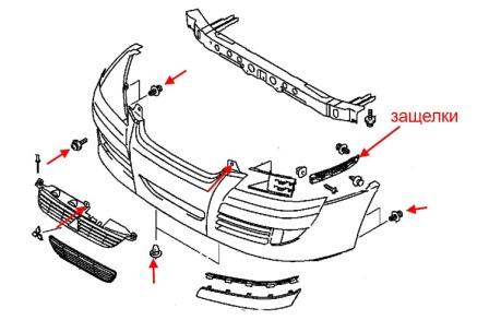 scheme of fastening of front bumper Mitsubishi Space Star I (1998–2005)