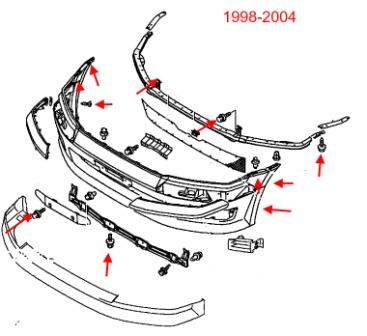 Diagrama de montaje del parachoques delantero Mitsubishi Space Wagon 