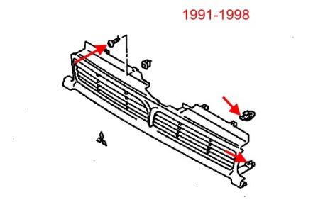 scheme of fastening of the radiator grille of the Mitsubishi Space Wagon