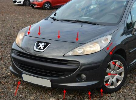 Punti di attacco del paraurti anteriore Peugeot 207