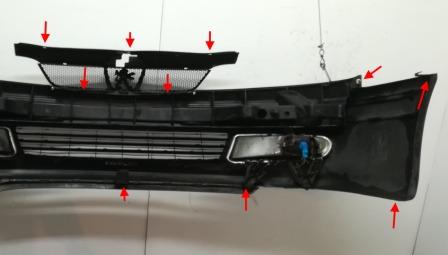 Punti di attacco del paraurti anteriore Peugeot 406