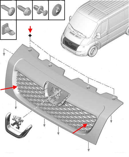 the scheme of fastening of the grille Peugeot Boxer (since 2006)