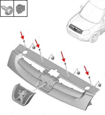 schema di montaggio della griglia del radiatore Peugeot Partner (2002-2009)