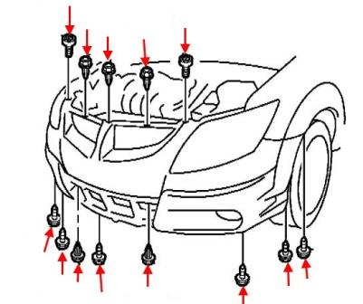 Mounting diagram of the Pontiac Vibe front bumper (2003-2008)