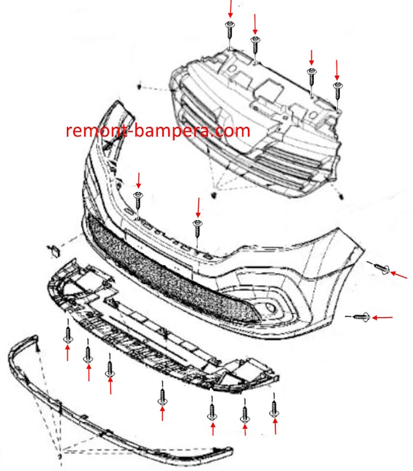 Schéma de fixation du pare-chocs avant Renault Trafic 3 (2014-2023)