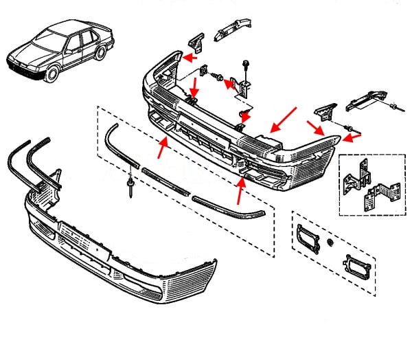 Montageplan für die vordere Stoßstange von Renault 19