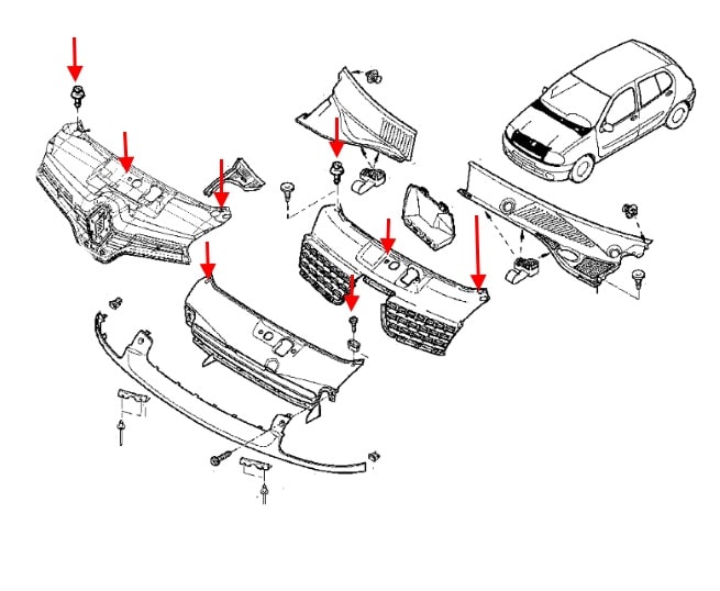 Schéma de montage de la calandre Renault Clio 2 (1998-2005)