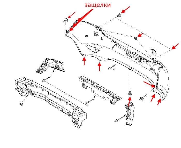 The scheme of fastening of the rear bumper Renault Clio 3 (2005-2012)