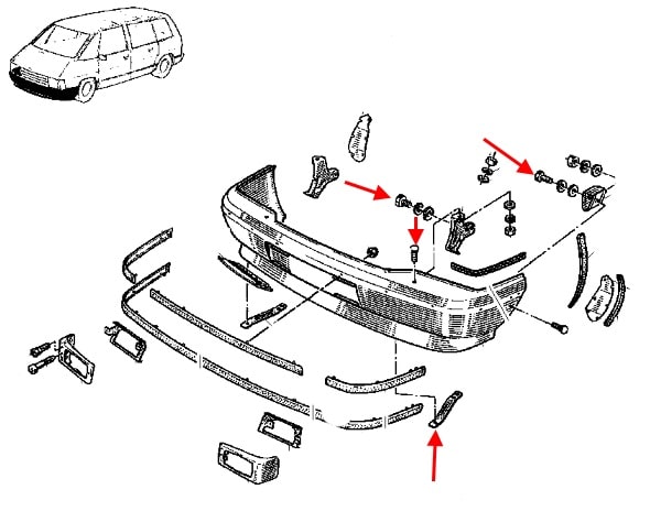 Schéma de fixation du pare-chocs avant Renault Espace 1 (1984-1991)