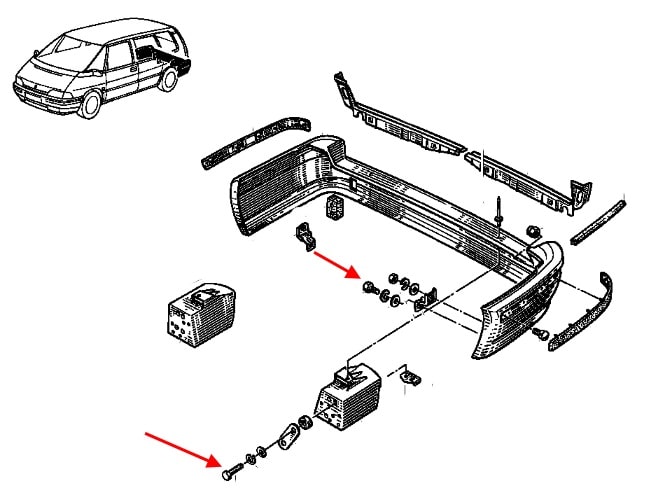 Schéma de fixation pare-chocs arrière Renault Espace 2 (1991-1996)
