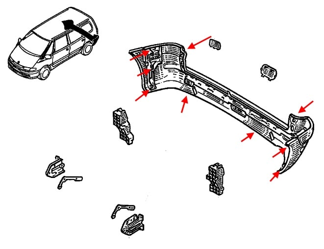 Schéma de fixation pare-chocs arrière Renault Espace 3 (1997-2002)