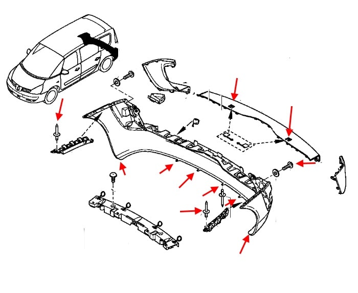 The scheme of fastening of the rear bumper Renault Espace 4 (2002-2014)