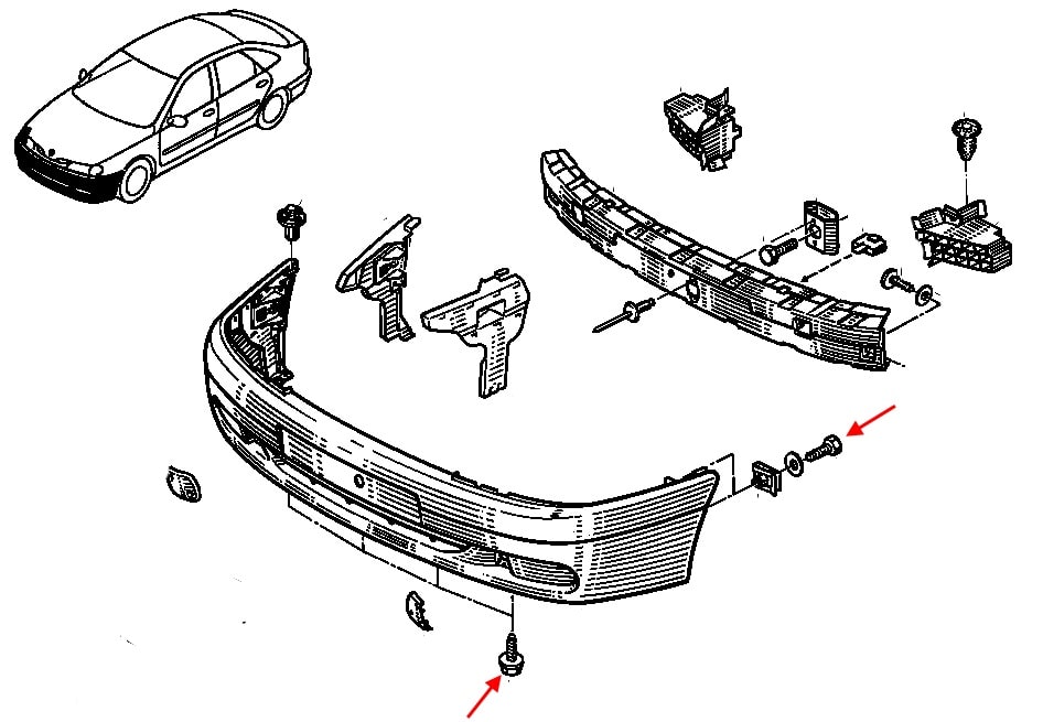 Schéma de montage du pare-chocs avant Renault Laguna 1 (1994-2001)