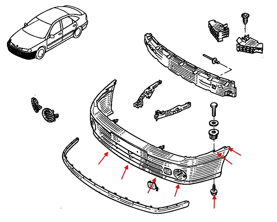 Schéma de montage du pare-chocs avant Renault Laguna 1 (1994-2001)