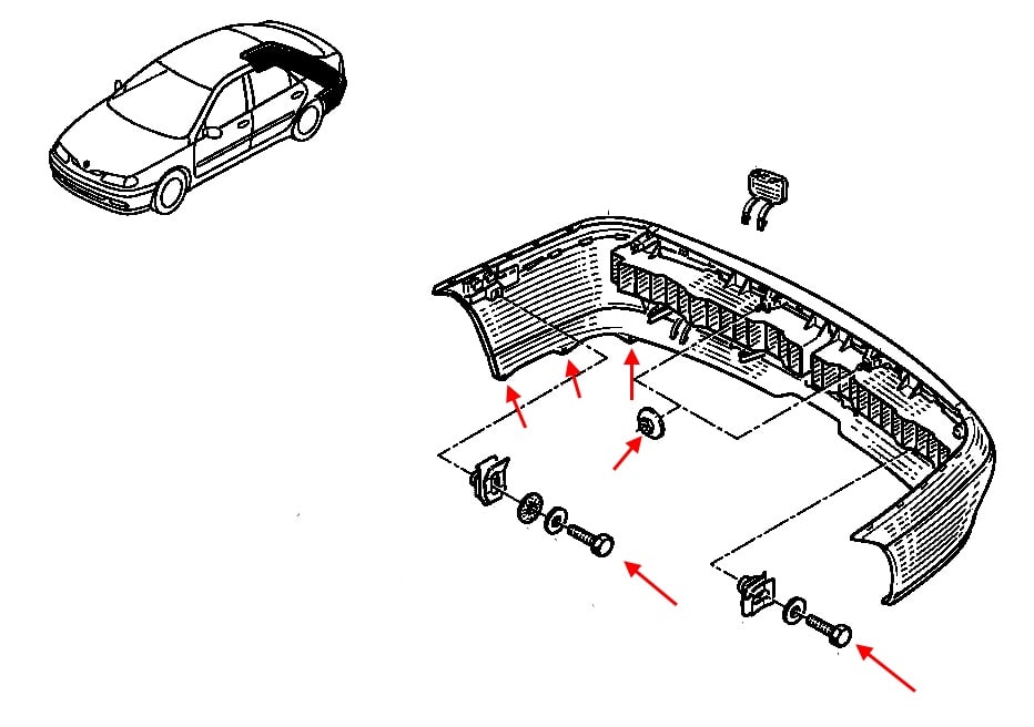 Schéma de montage du pare-chocs arrière Renault Laguna 1 (1994-2001)