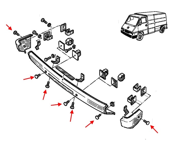 The scheme of fastening of the front bumper Renault Master 1 (1980-1997)