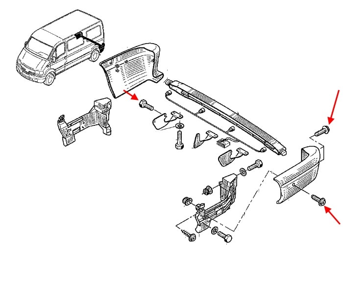 Схема крепления заднего бампера Renault Master 2 (1997-2010) 