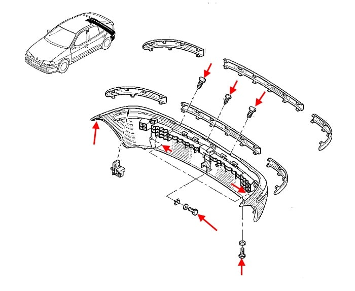 the scheme of fastening of the rear bumper Renault Megane 1 (1995-2002)