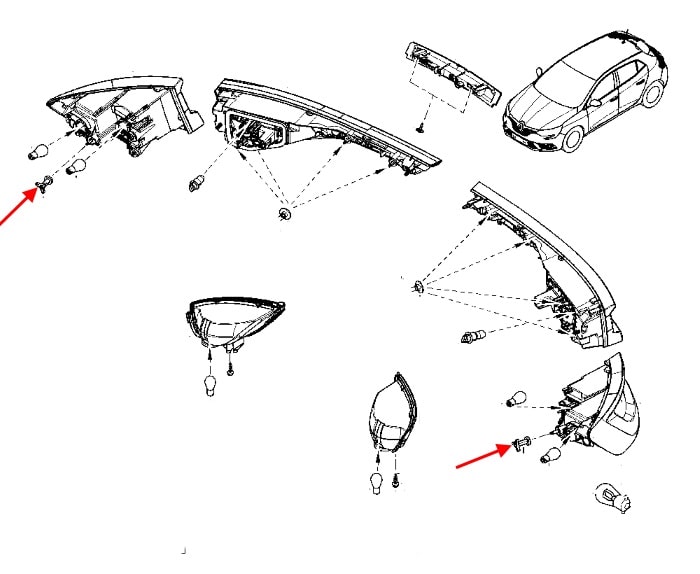 Schéma de montage des feux arrière Renault Megane 4 (après 2015) 