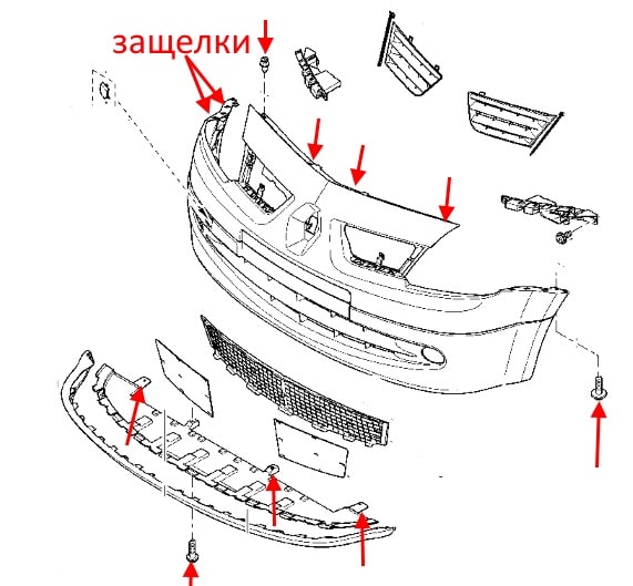 The scheme of fastening of the front bumper Renault Modus