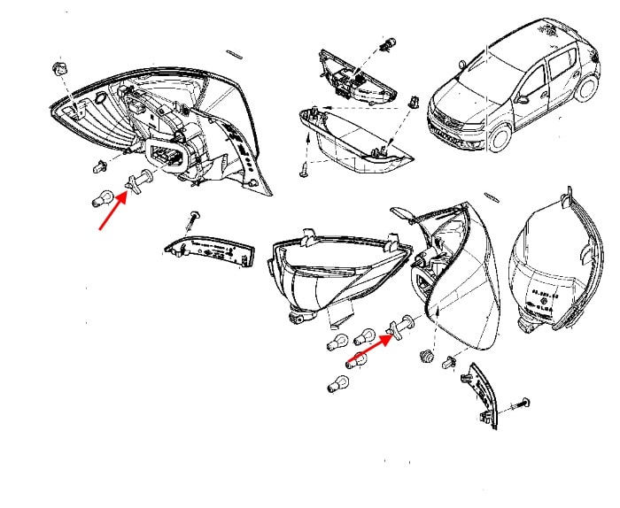 Montageschema für Rücklichter Renault / Dacia Sandero (Sandero Stepway) 2 (seit 2012)