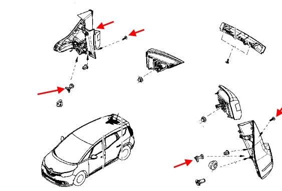 Schéma de montage des feux arrière Renault Scenic 4 (après 2016)