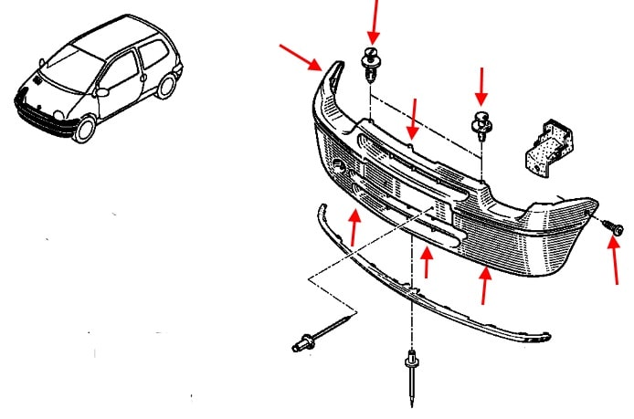 The scheme of fastening of the front bumper Renault Twingo 1 (1992-2007)