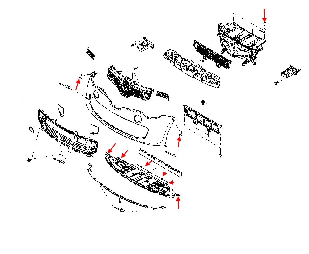 Schéma de montage du pare-chocs avant Renault Twingo 3 (après 2014)