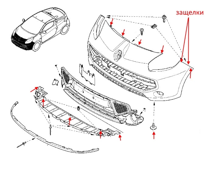 Diagrama de montaje del parachoques delantero del Renault Wind