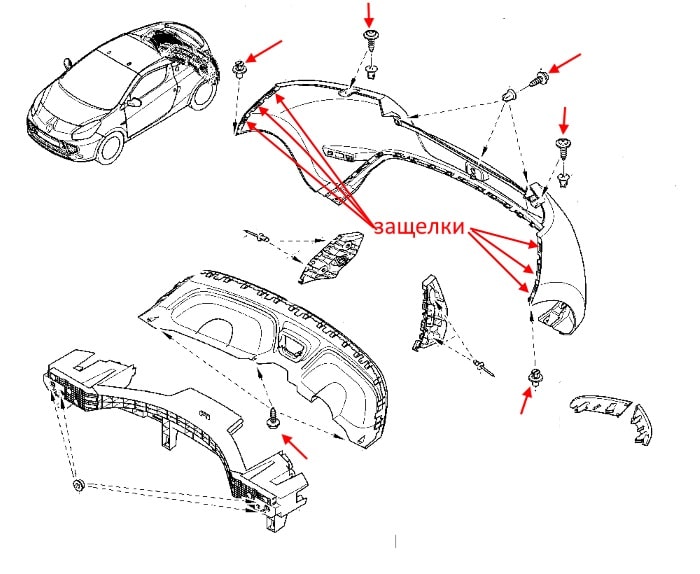 Diagrama de montaje del parachoques trasero del Renault Wind