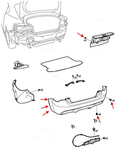 Diagrama de fijación del parachoques trasero del Scion FR-S (Toyota 86)