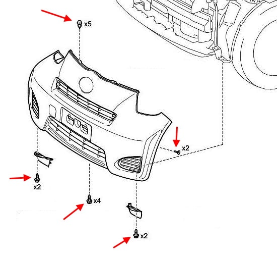 Schema di fissaggio del paraurti anteriore Scion iQ