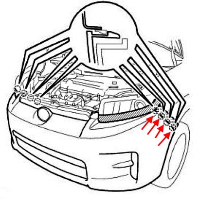 Schema di fissaggio del paraurti anteriore Scion xB (2006-2015) (Toyota Rukus)