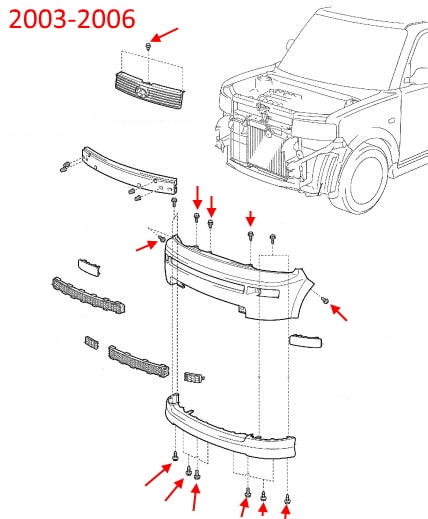 Schema di montaggio del paraurti anteriore Scion xB (2003-2006)