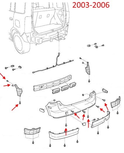 Schéma de montage du pare-chocs arrière Scion xB (2003-2006)