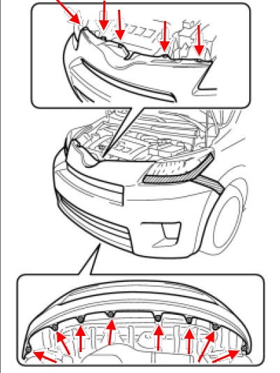Schéma de fixation du pare-chocs avant Scion xD (Toyota Ist)