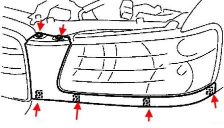 the scheme of fastening of the front bumper Subaru Forester SG (2002-2005)