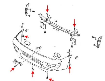 schéma de montage du pare-chocs avant Subaru Impreza (1992-2002)
