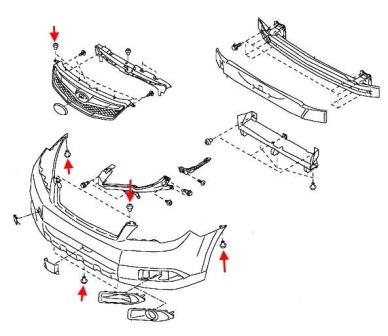 Schéma de fixation du pare-chocs avant Subaru Legacy (2009-2014)