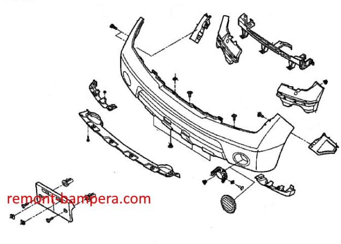 Schema di montaggio del paraurti anteriore Suzuki Equator