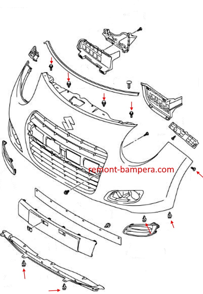 Schéma de montage du pare-chocs avant Suzuki Alto VII (HA25) (2009-2014)