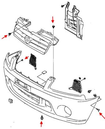 Schéma de montage du pare-chocs avant Suzuki Ignis (2000-2006)