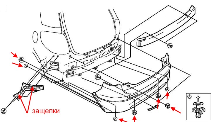 Esquema de montaje del parachoques trasero Suzuki SX4 (2006-2013)