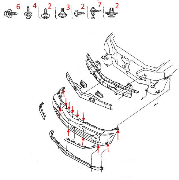 Schéma de montage du pare-chocs avant Acura RL (1996-2004)