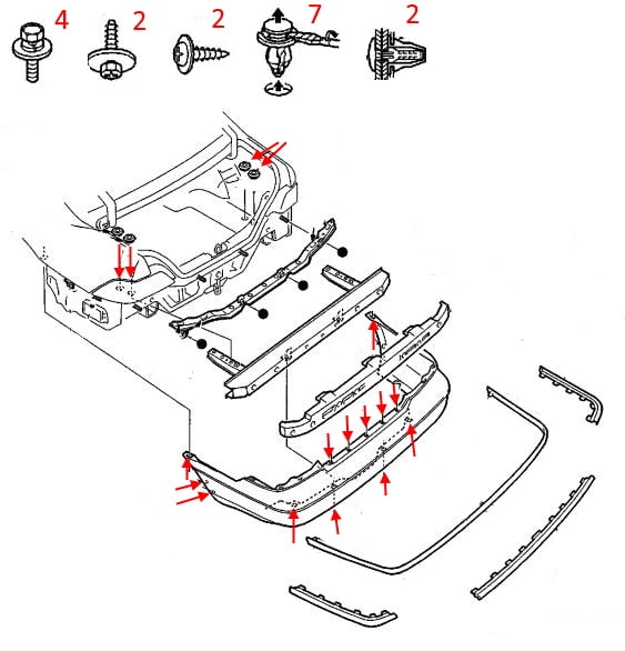 Schema di montaggio del paraurti posteriore Acura RL (1996-2004)