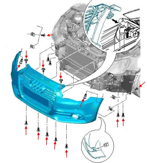 Схема крепления переднего бампера Audi A1 I (8X) (2010-2018)