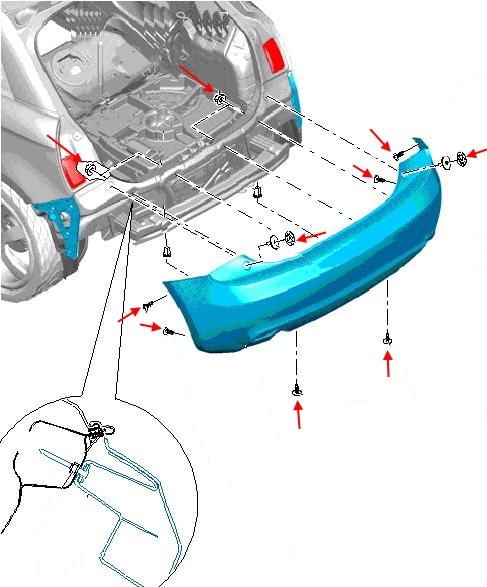 Схема крепления заднего бампера Audi A1 I (8X) (2010-2018)