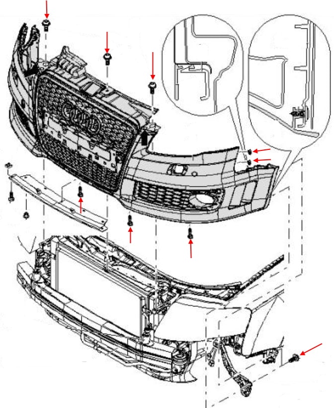 Схема крепления переднего бампера Audi A4 B7 (2004-2009)