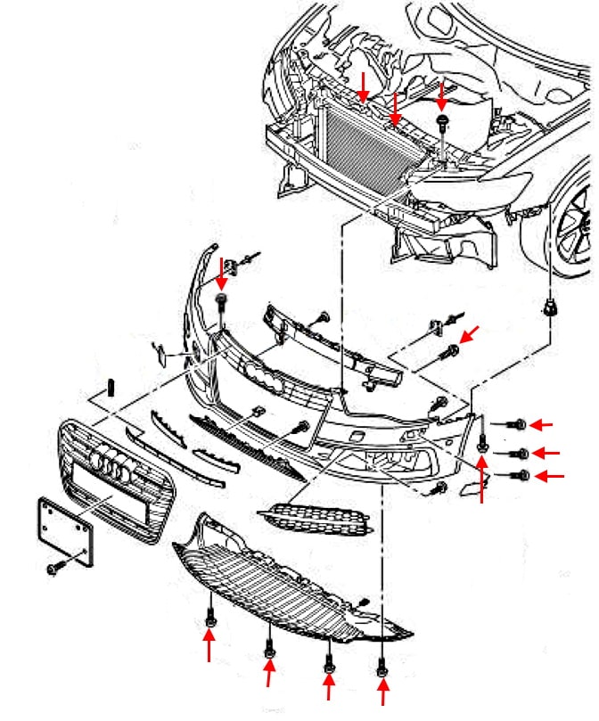 Схема крепления переднего бампера Audi A6 IV C7 (2011-2018)